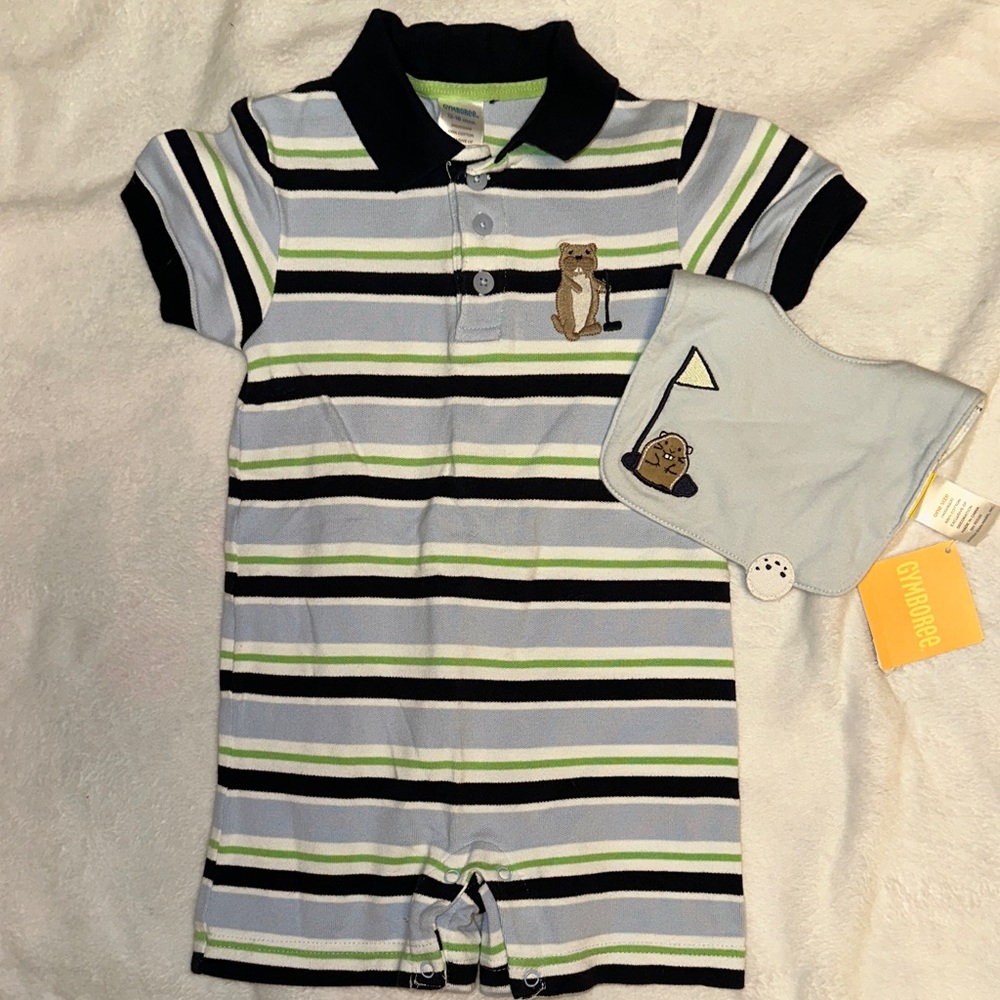 GYMBOREE RESORT GETAWAY STRIPED POLO ROMPER HAT GOLF GOPHER 12-18 MONTHS
